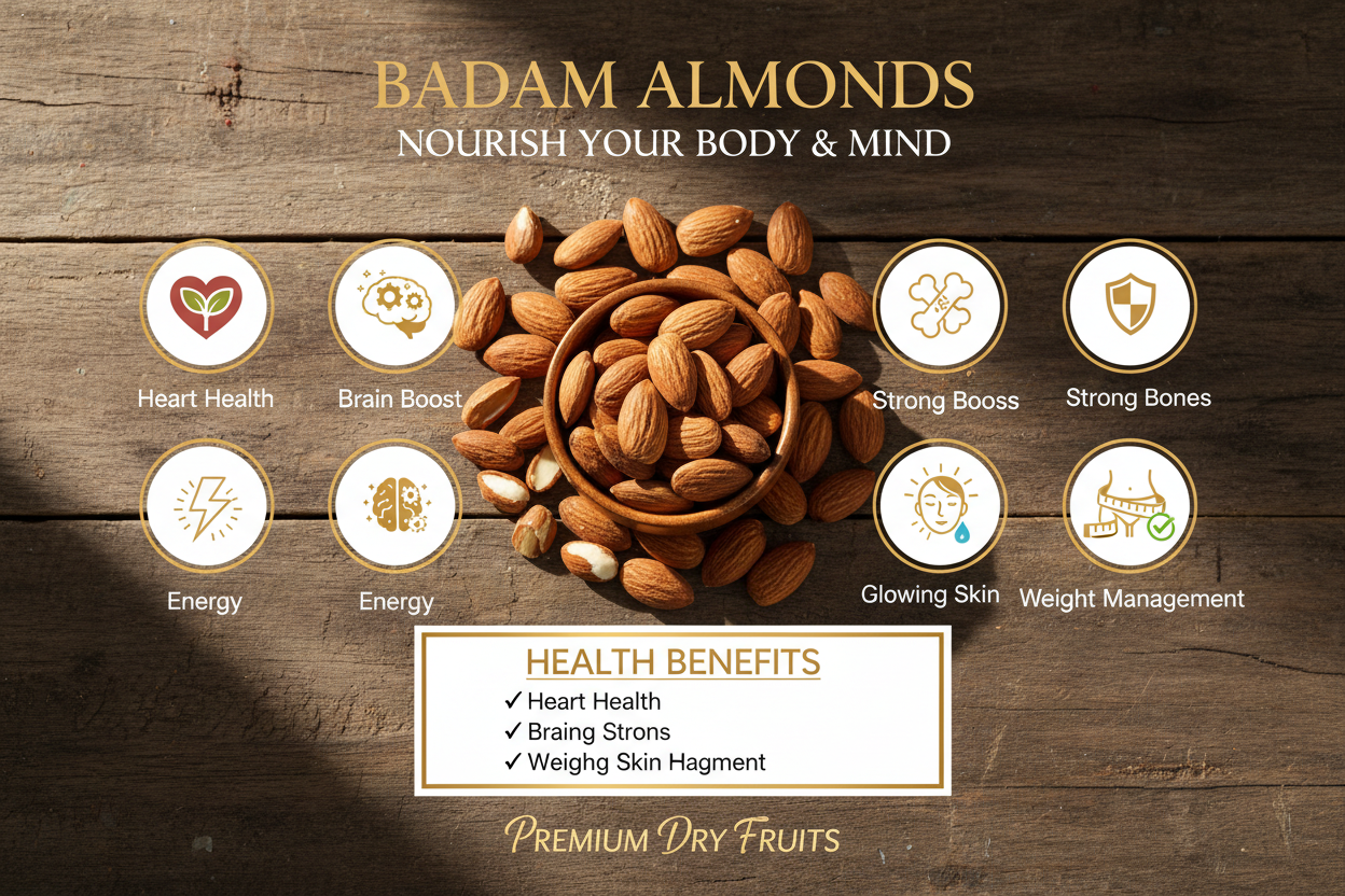 Badam almonds with health benefits on a wooden background