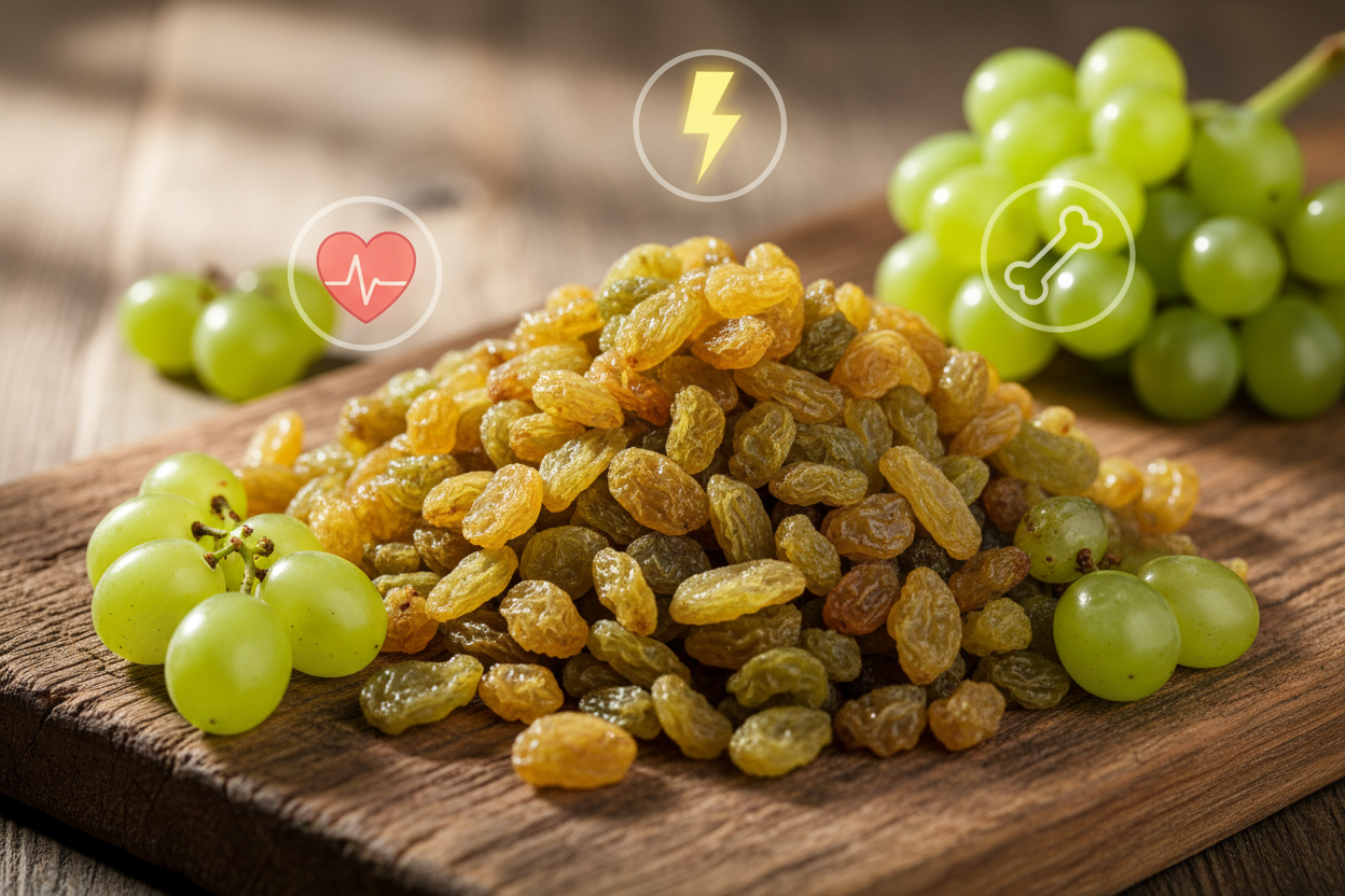 Raisins and green grapes on a wooden surface with health icons.