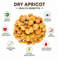 Dry apricots with health benefits listed on a white background
