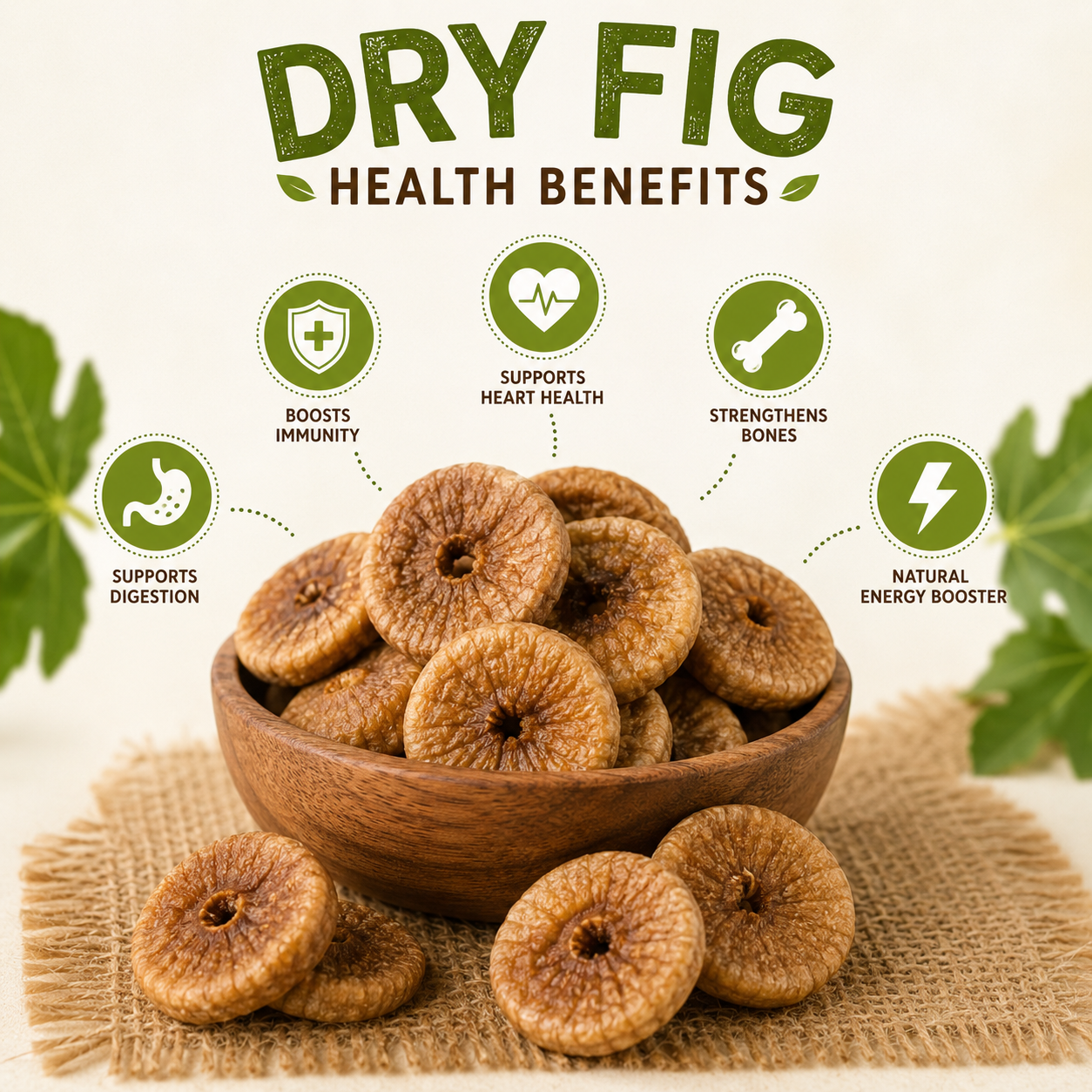 Dry figs in a wooden bowl with health benefits listed on a light background