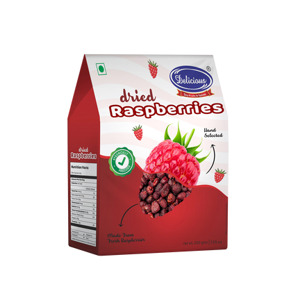 Package of Delicious Dried Raspberries showing the product and its selective processing, with a raspberry on the front and a label indicating 'Made in India'.
